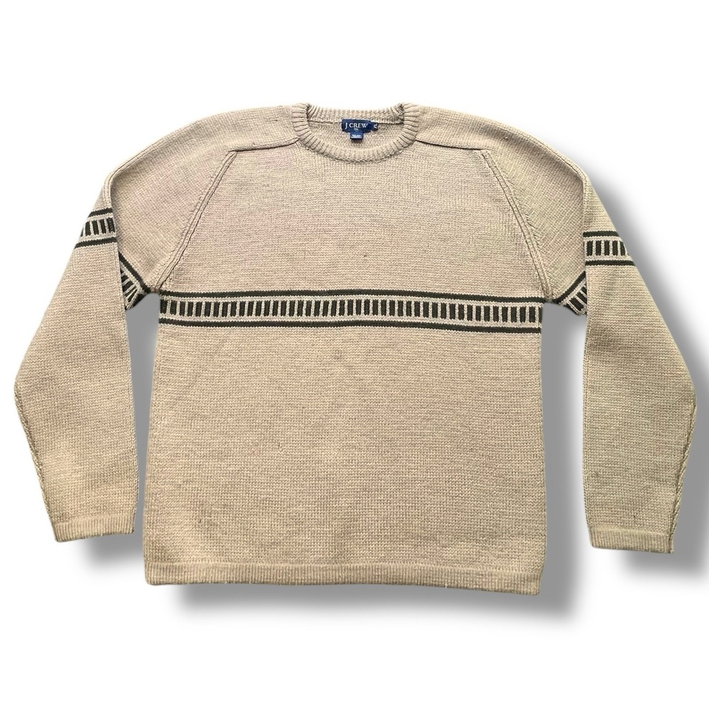 Vintage J Crew Sweater Mens XL Beige Wool Crewneck Stripe Knit 90s Heavy